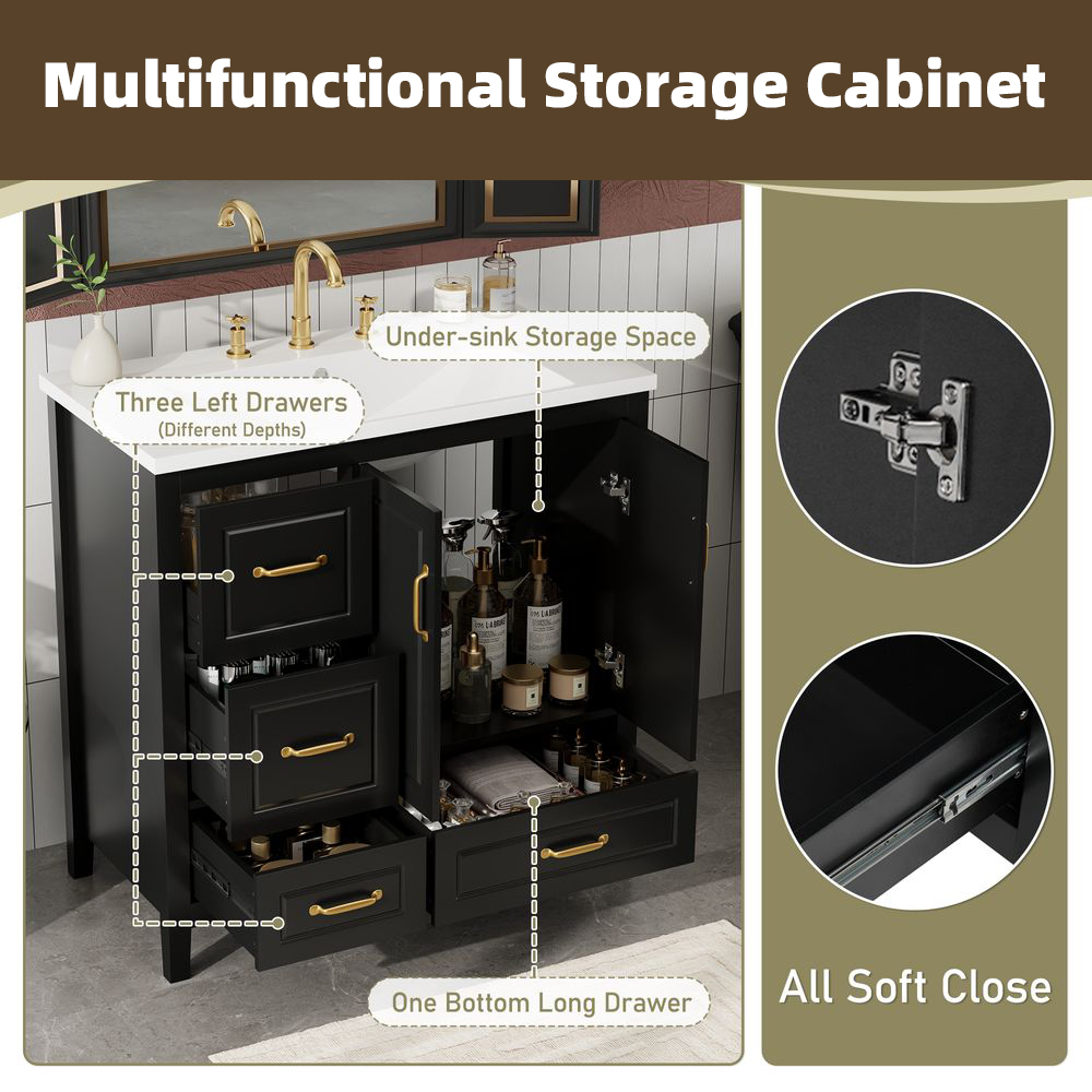 MIDOQIN 36" Bathroom Vanity with Sink, Free Standing Single Basin Vanity Set with Solid Frame & Four Drawer, Wooden Bathroom Cabinet with Ceramic Basin