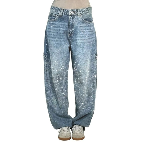 BKQCNKM Wide Leg Jeans for Women Rhinestone Jeans Baggy Jeans Casual Loose Harem Jeans Baggy Wide Leg Jeans High Waisted Straight Leg Denim Pants Barrel Jeans for Women, Light Blue L