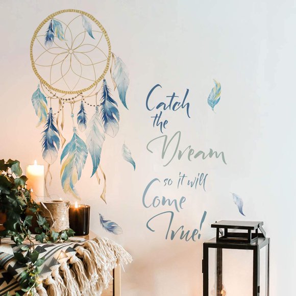 Runtoo Dream Catcher Quotes Wall Decals Colorful Feathers Wall Art Stickers Bedroom Living Room Home Decor