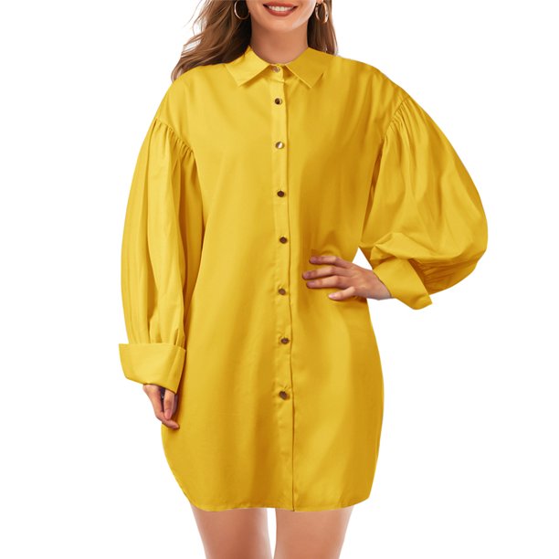 Vestido de camisa de gran tamaño para mujer, cuello vuelto, mangas abullonadas, vestido con botones, Abanopi Amarillo/Grande