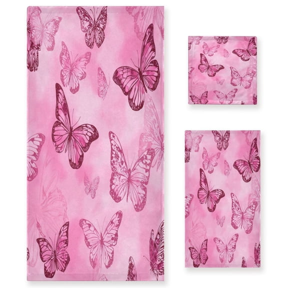 3 Piece Bath Towels Set Bath Towel, Hand Towel and Face Towel for Bathroom, Gym, Hotel Pink Butterfly Pattern