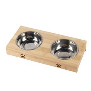Bamboo Elevated Dog Cat Food Water Bowls Stand Feeder With Stainless Double Bowl Stainless Steel Double Bowl