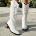 thumbnail image 2 of Wide Calf Knee High Cowboy Cowgirl Boots for Women Roman Casual Leather Pointed Stacked Mid Heel Western Riding Tall Boots White Size 8, 2 of 8