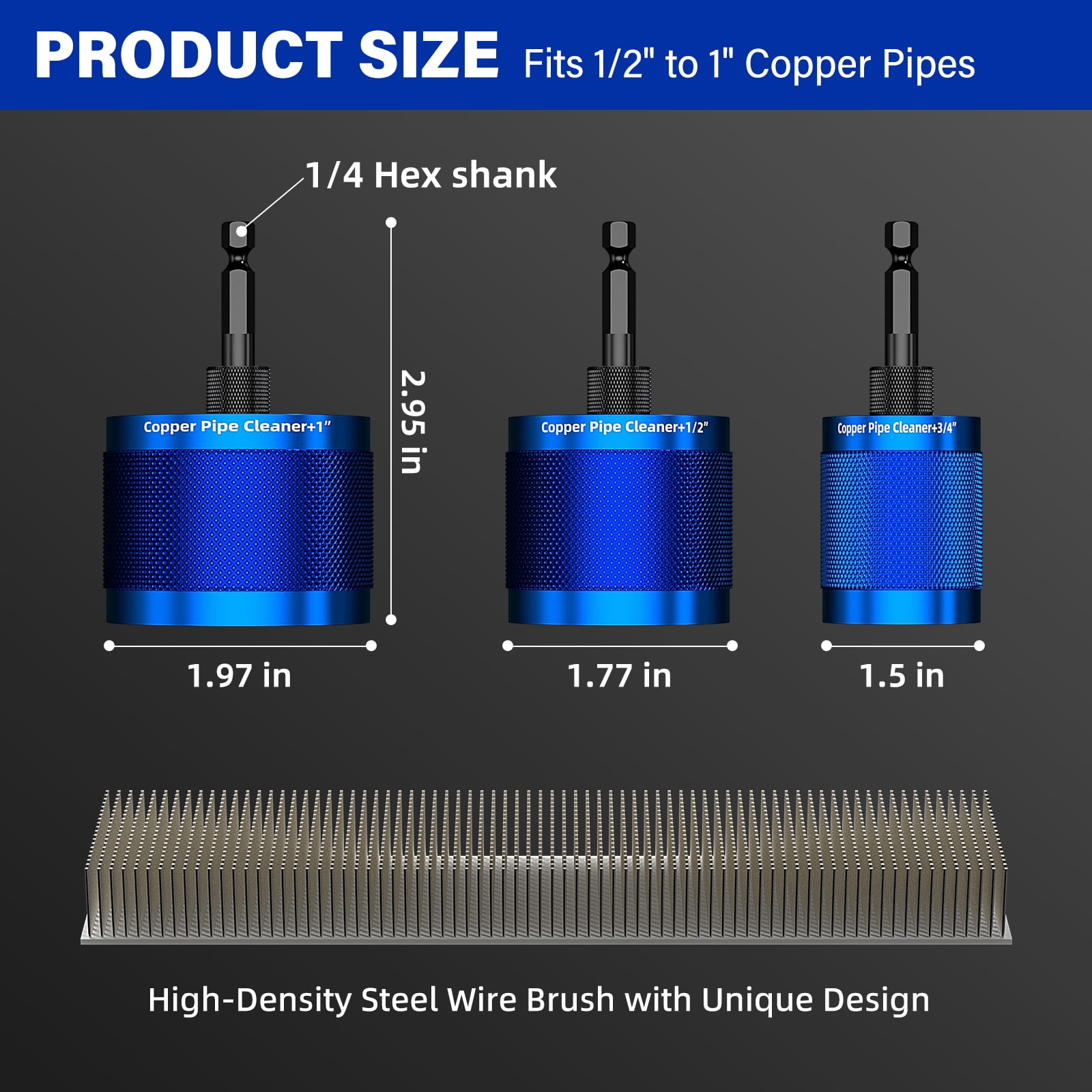 3 Pcs Copper Pipe Cleaner Drill Set (1/2" 3/4" 1") - Metal Tube Cleaning Brushes for Power - Professional Plumbing Tools for Copper Pipes & Tubes - Heavy-Duty Drill Attachment for Plumbers