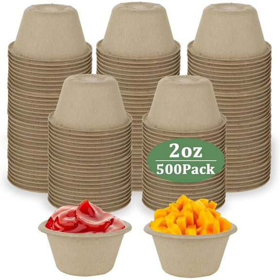 500 Pack 2 oz Paper Souffle Cups, Small Disposable Condiment Cups, Portion Cup for Dips, Jams, Honey, Sauces, Nuts, Condiments, Sample, 2oz Compostable Paper Cup Made From Bagasse Fiber