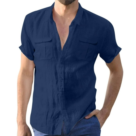 adviicd Mens Green Button Down Shirt Mens Casual Linen Cotton Button Down Short Sleeve Shirts Cuban Camp Guayabera Beach Tops Navy 3XL