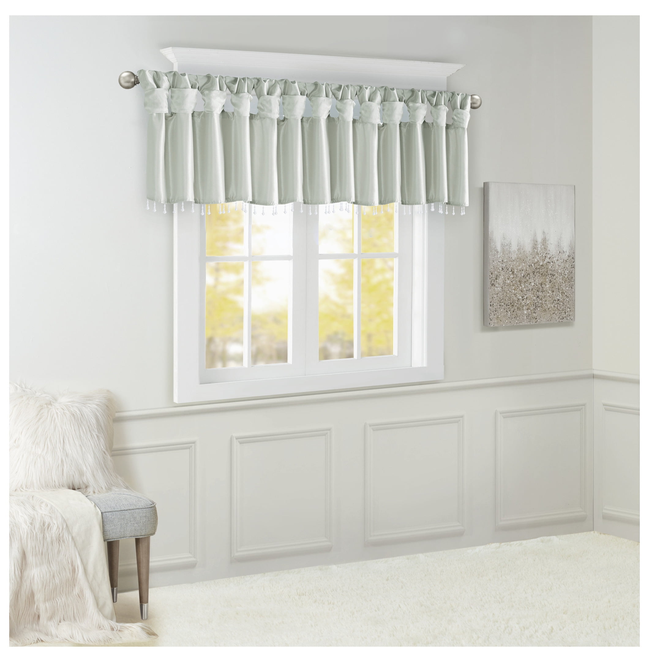 Lightweight Faux Silk Valance With Beads Dusty Aqua 50x26"