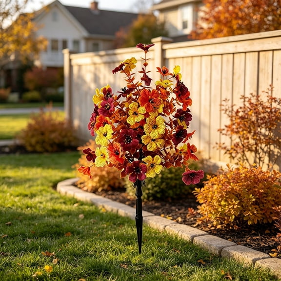 Autumn Artificial Flower with Ground Stake,16 Inch Fall Warm Tone Floral Pick, Weather Resistant Fake Plant Ornament for Yard Patio Garden Thanksgiving Decor