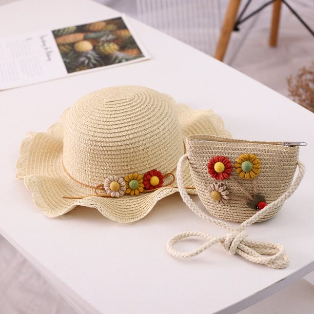 Conjunto de sombrero de paja de verano para niñas, bolso de mano, sombrero de Sol de flores, Sombrero de Panamá, sombrero de Sol para niños, niñas pequeñas