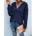 thumbnail image 3 of Women Hoodies Tops Long Sleeve Casual Drawstring Lace V Neck Solid Color Pullover Sweatshirts, 3 of 6