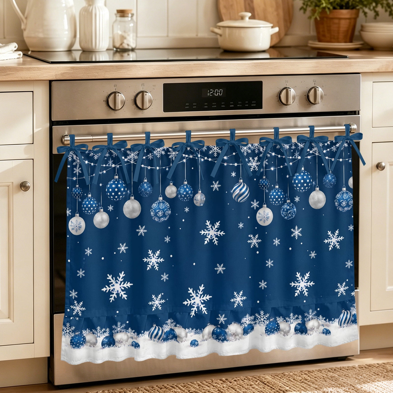 Oven Curtain for Kitchen Xmas Balls Winter Snowflake Stove Curtain With Ruffled Trim Dishwasher Curtains Retro Navy Blue Oven Skirt 30 x21.5