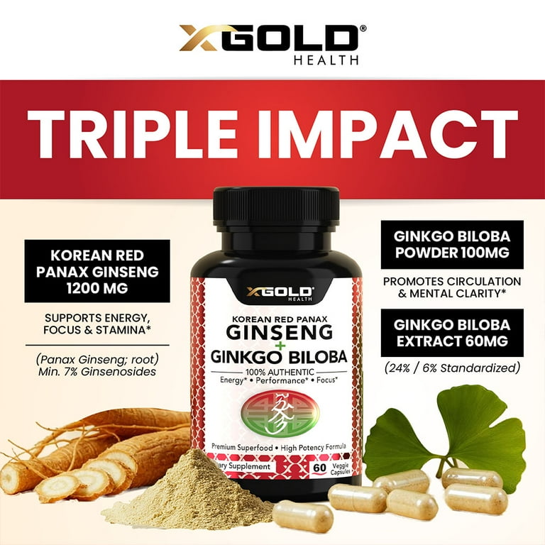 X Gold Health Korean Red Panax Ginseng 1200mg, Ginkgo Biloba