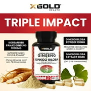 Korean Red Panax Ginseng 1200mg + Ginkgo Biloba - Extra Strength Root Extract Powder Supplement w/High Ginsenosides Vegan Capsules for Energy, Performance & Focus Pills for Men & Women