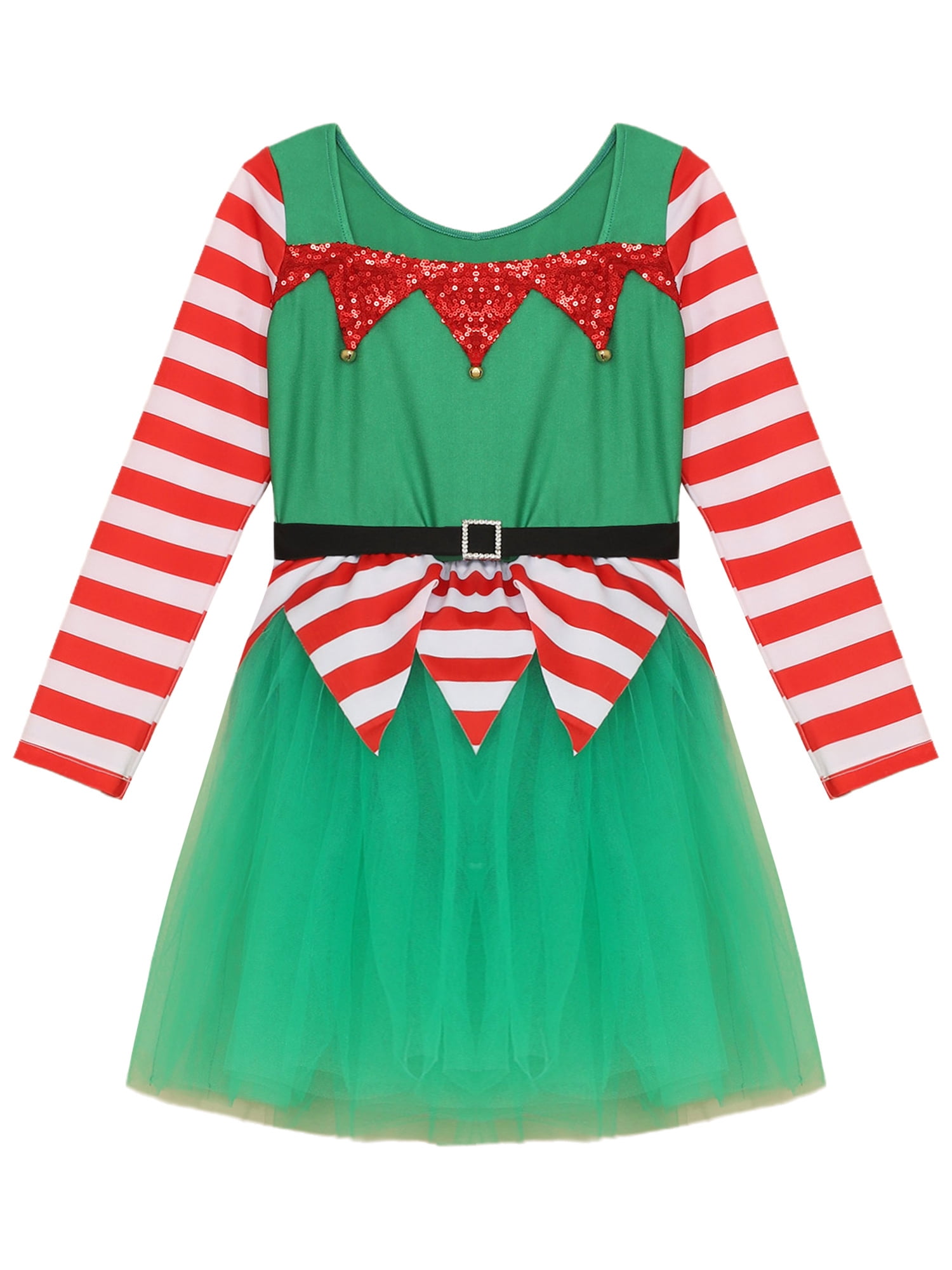 iEFiEL Kids Girls Christmas Elf Dress Long Sleeve Stripes Tutu Dance Dress Leotard Santa Little Helper Outfit Green 8