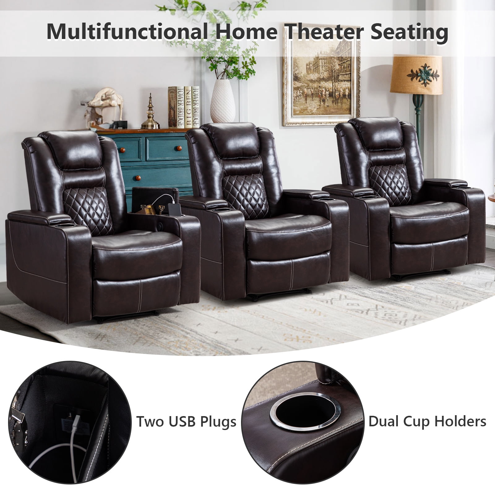 Bonzy Home Electric Recliner Chair Set of 3, Leather Home Theater Seating, Living Room Chair with USB Ports and Cup Holders Brown