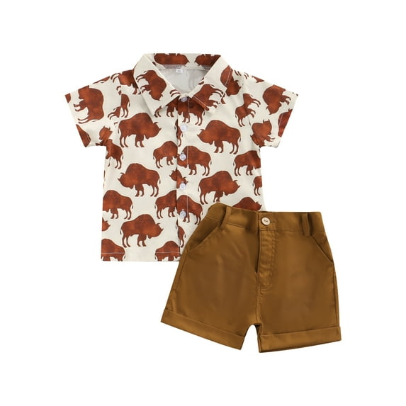 Qmyliery Kids Boys Shorts Set, Short Sleeve Cow/Cow Head Print Shirt with Shorts Summer Outfit