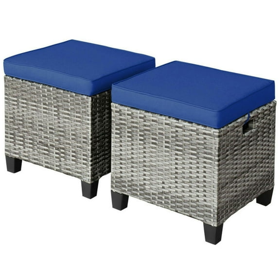 Topcobe 2 Pieces Patio Rattan Ottoman Seat with Removable Cushions, Outdoor Patio Furniture for Garden Backyard-Navy