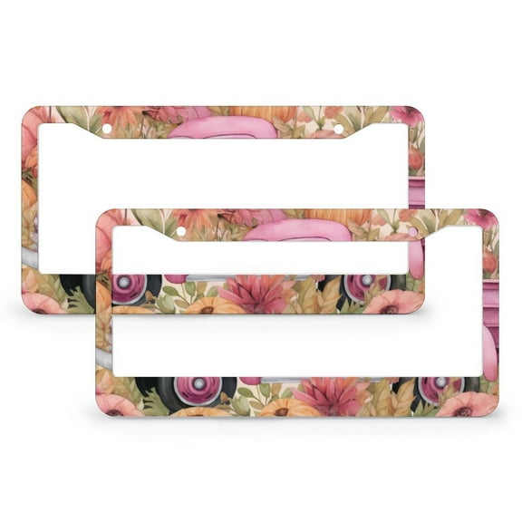 License Plate Frame Happy Harvest Watercolor Pink Truck Pumpkin Flower Personalized License Plate Frame 2 PCS Autumn Harvest Thanksgiving Metal License Plate Cover Funny Cute for USA Canada Vehicles