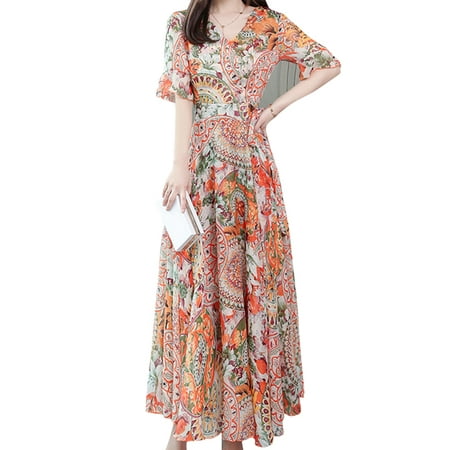 Funcee Fashion Woman Boho Floral Printed Deep-V Trumpet Sleeve A-Line Dress