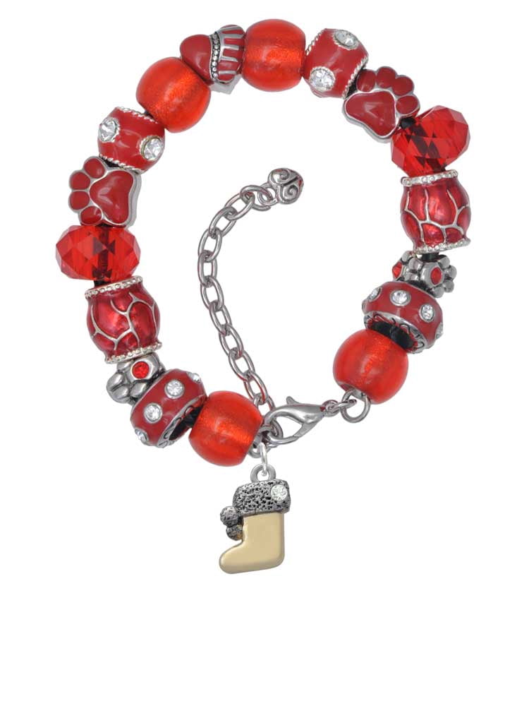 Delight Jewelry Two-tone 3-D Stocking with Clear Crystal Red Paw Print Bead Bracelet, 7"+2"