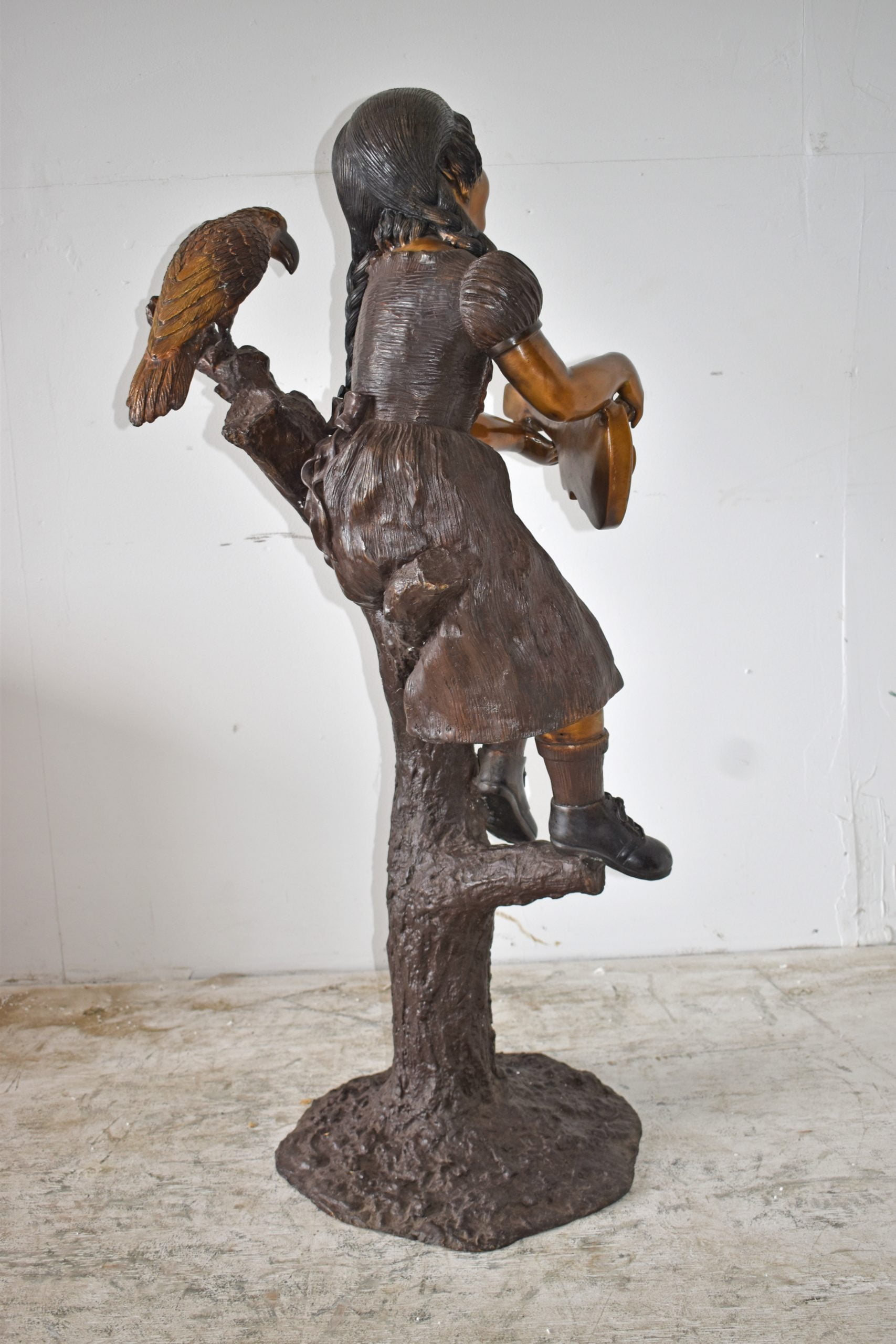 Nifao Girl on a Tree Playing the Ukulele with a Parrot Bronze Statue – Garden Outdoor Decor Sculpture, 25"L x 23"W x 50"H