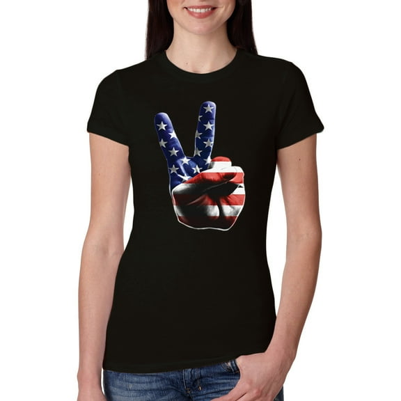Wild Bobby, American Flag Peace Sign Hand Pop Culture Womens Slim Fit Junior Tee, Black, Small