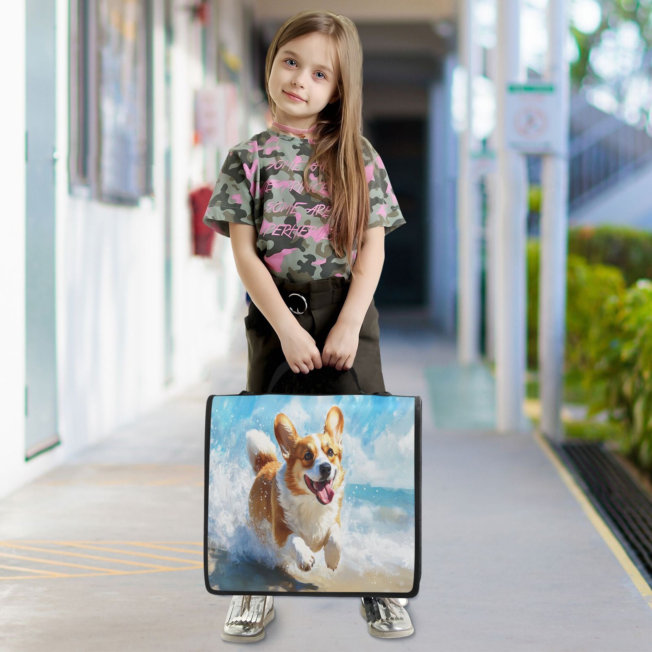 YAZAOO Zipper Binder trapper keeper Documents Organized Design Corgi Play on The Beach Printed
