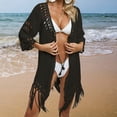 thumbnail image 4 of Crochet Beach Cover Up Women Sexy V-neck Lace-up 3/4 Sleeve Hollow Out Tassel Bikini Cover-up Solid Color Swimsuit Cardigan, 4 of 7