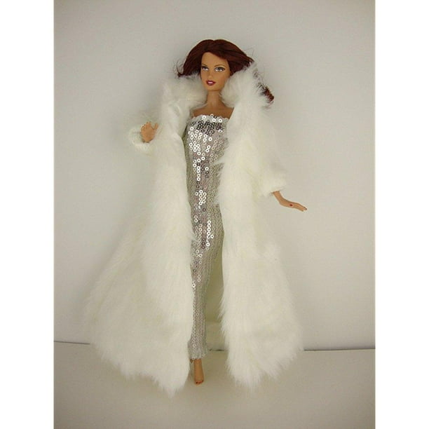 White Floor Length Fur Coat And White Sequined Fitted Gown Made