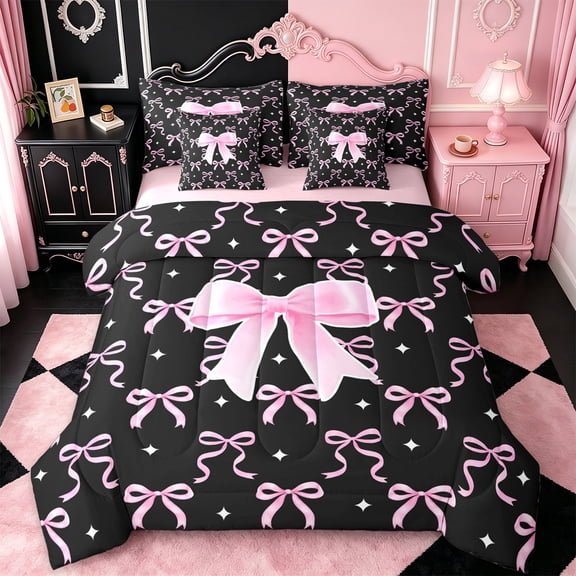 Erosebridal Girly Bow 7-Piece Twin Bedding Sets For Kids,Pink Dreamy Princess Style Bedding Comforter Set,Pink Reversible