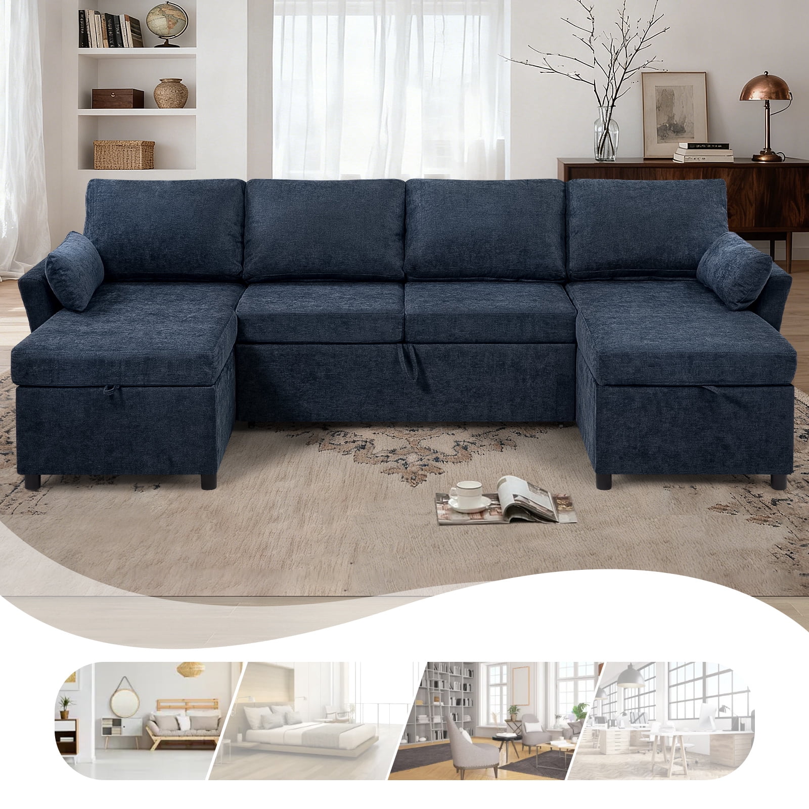 ACMEASE 107 Inches Fabric Sectional Sofa with Pull Out Sofa Bed, Modern U Shaped Sofa with Throw Pillows, Comfortable Sleeper Couch with Storage Chaise for Living Room, Blue