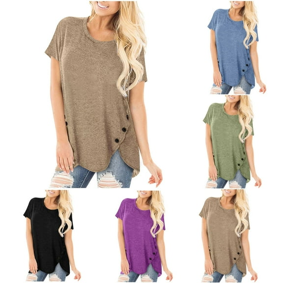 Sentmoon Womens Button Shirts Print Crew Neck Short Sleeve Tops Comfy Casual Basic Plus Size Summer Tops For Women 2025 Up to 40% Off