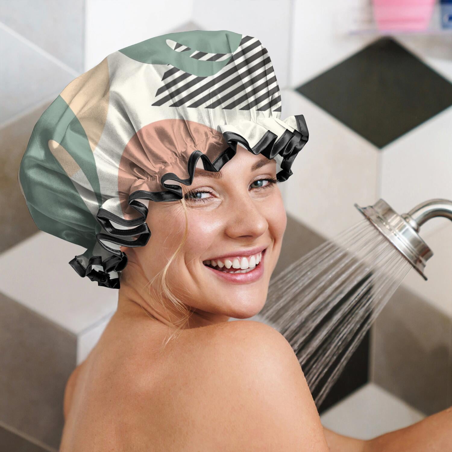 Shower Caps,Green Boho Geometric and Plant Pattern Waterproof Shower Cap for Women 4 Pieces,Double Reusable Hair Cover for Shower PEVA Elastic Stretch Hem