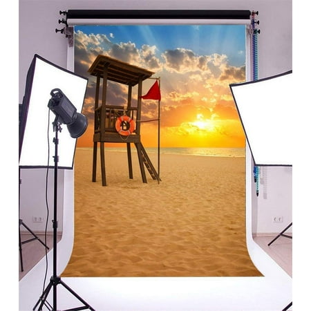 Image of ABPHOTO 5x7ft Photography Backdrop Beach Seaside Weathered Wooden Viewing Plat Sunrise Colorful Sky Nature Photo Background Backdrops