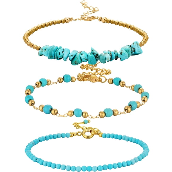 3 Pcs Turquoise Gold Plated Beaded Bracelets for Women Western Bracelets Round Beads Dainty Bracelet Bohemian Jewelry