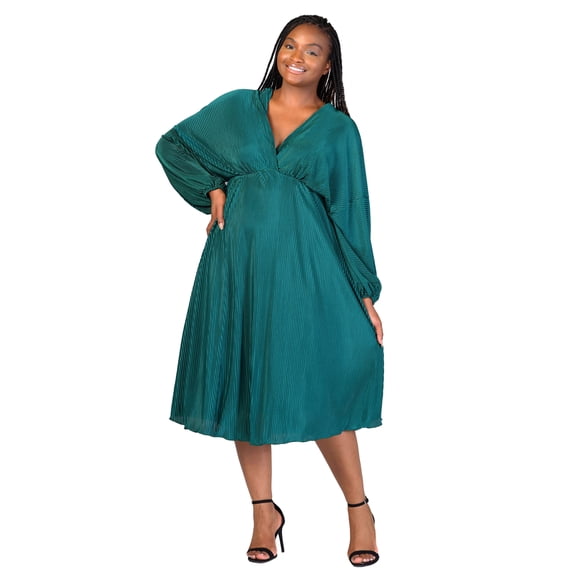 Plus Size V Neck Shimmer Empire Waist Midi Dress