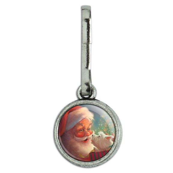 Christmas Holiday Santa Claus with Puppy Antiqued Charm Clothes Purse Suitcase Backpack Zipper Pull Aid