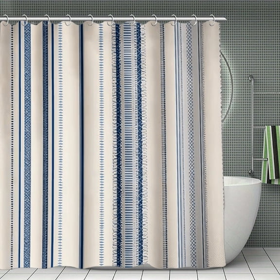 Potopok Blue Beige Boho Striped Shower Curtain, minimalist geometric waterproof bathroom decor with hooks, for bathroom, shower, or room divider, 70.8x70.8 Inch