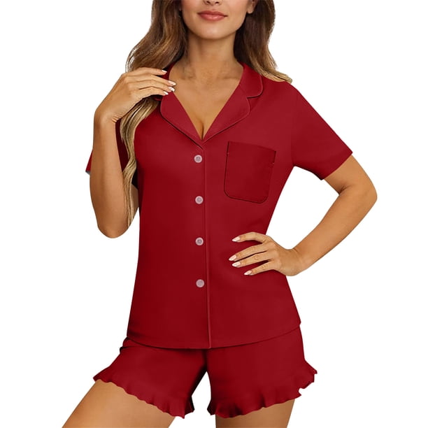 TaTaai Womens Comfort Sleepwear Set Button Down Short Sleeve Top Ruffle Trim Shorts Notch Collar Elastic Waist Soft Lightweight Loungewear Pajamas For Spring Summer Daily Use Gift
