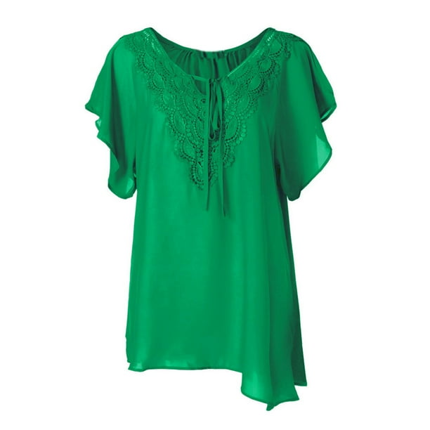 Gibobby Blusa Termica Camiseta manga encaje sólido más blusa tamaño mujer murciélago corto Casual Tops blusa de mujer(Verde, XXL)