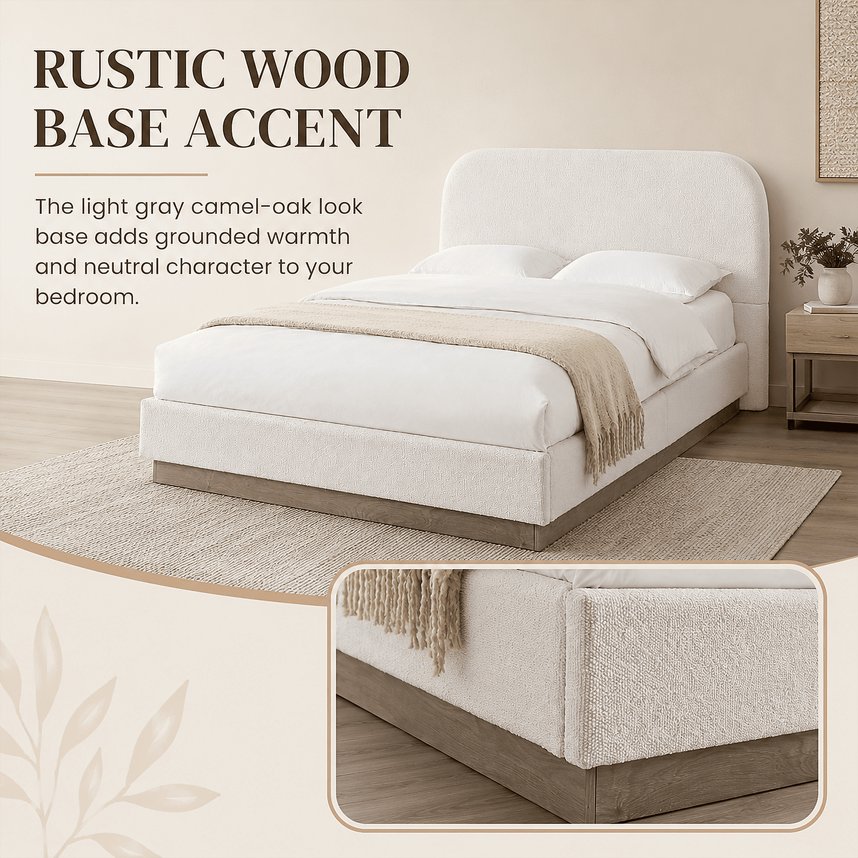 Miniyam King Upholstered Bed with 44.5 in Curved Headboard, Hidden Wood Base, Metal Frame, Cream White