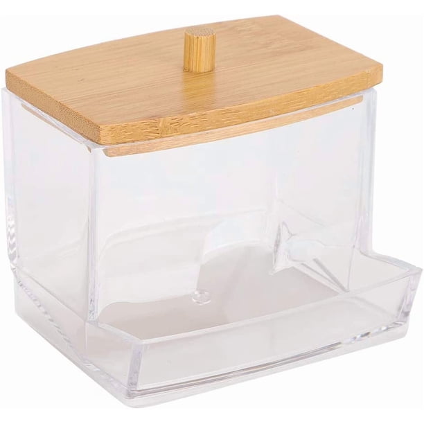 1 unidad: caja para guardar hisopos de algodón, dispensador de palillos, tapa de bambú, transparente (rectangular)