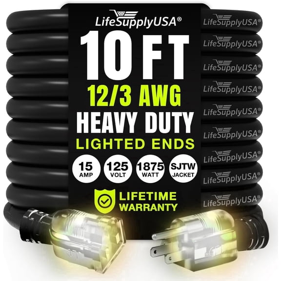 LifeSupplyUSA 10FT Black Extension Cord 12/3 Gauge, Heavy Duty 3 Prong Power Cord, Waterproof, Flexible, SJTW, 15A 125V 1875W - For Indoor/Outdoor