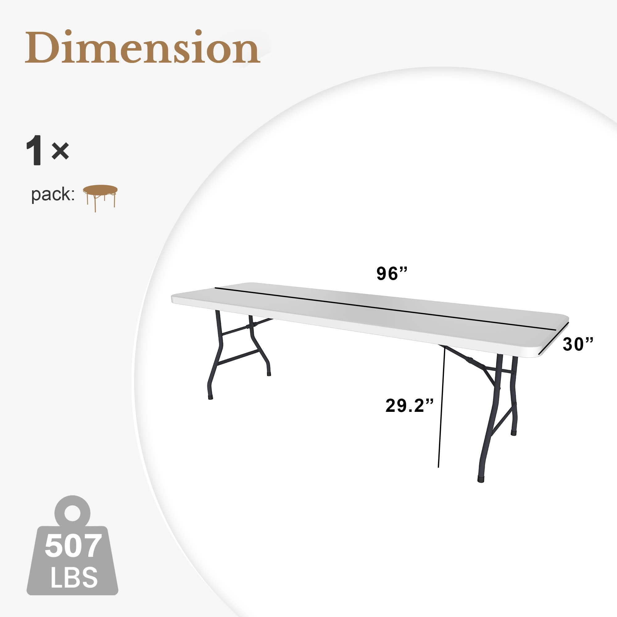 MAYEERTY 8FT White HDPE Non-Fold Top Folding Leg Table, Powder Coated Steel Frame UV Water Resistant Indoor Outdoor Table