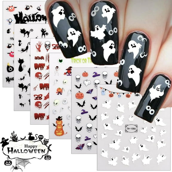 12 Sheets Halloween Nail Art Stickers Decals Glow in The Dark, Cute Spider Web Pumpkin Ghost Skull Bat 3D Design Self-Adhesive Nail Art Decals, DIY Manicure Decoration Supplies for Women Kids