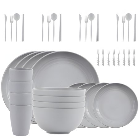 Wheat Straw Dinnerware Set for 8, 44-Piece Set with Plates, Bowls, Cups, Forks, Spoons, Chopsticks, and Fruit Forks, BPA-Free, Lightweight, Perfect for Picnics, Travel, and Family Gatherings