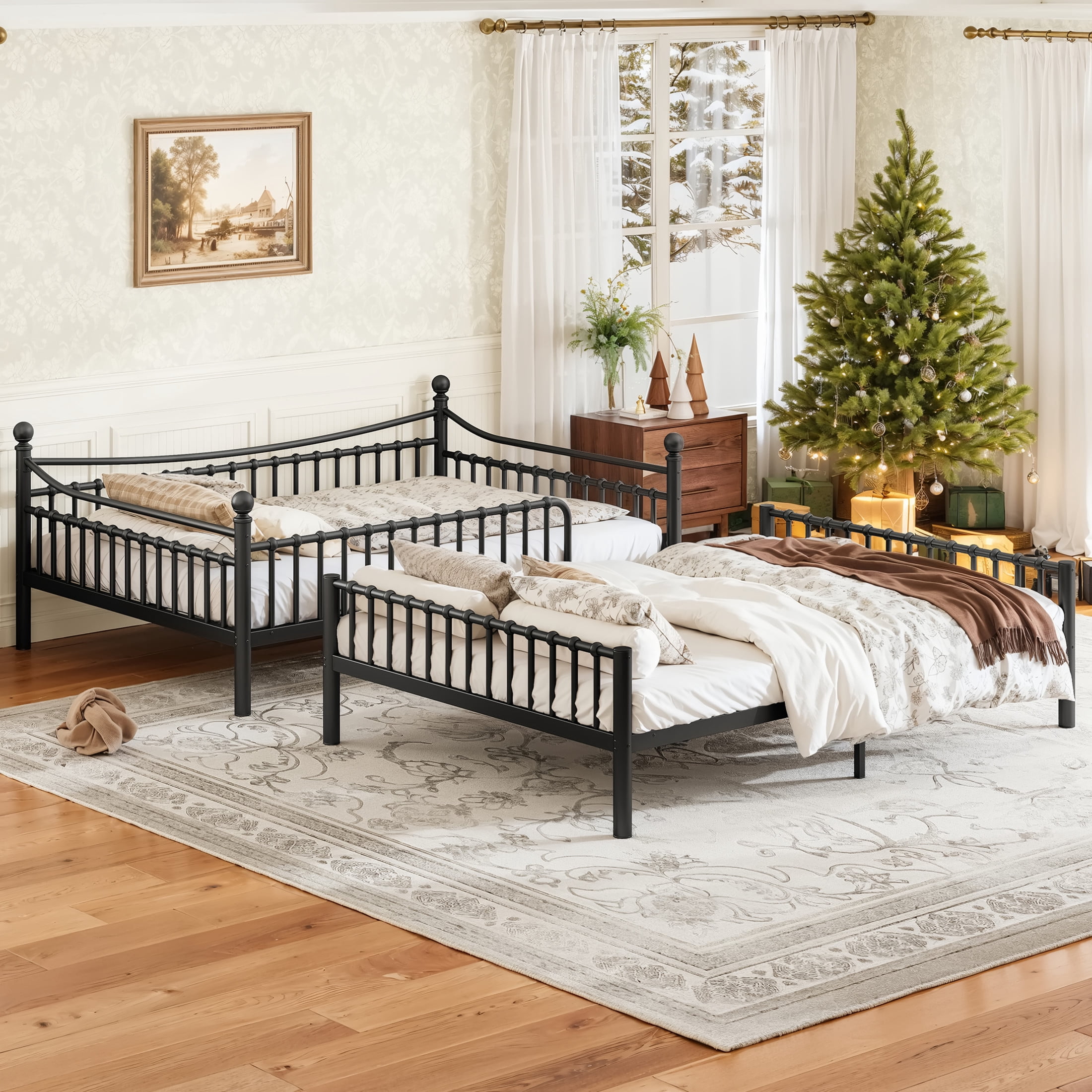 GDF Studio Full over Full Metal Bunk Bed with Curved Guardrails, Round Tube Frame, Black