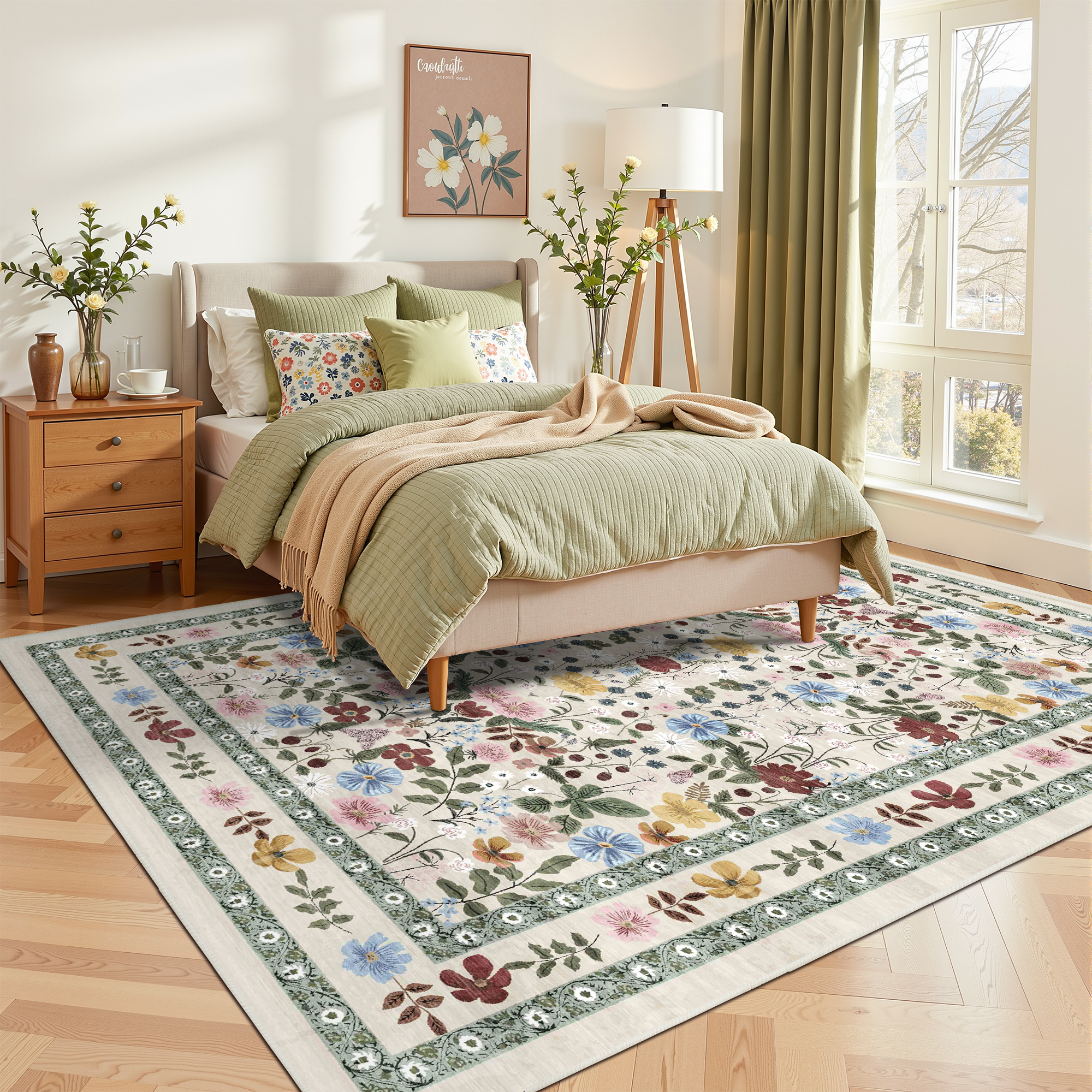 ATHOPE 6x9 Area Rugs for Living Room Bedroom, Floral Washable Soft Low Pile Rug with Non-Slip Backing, Large Vintage Distress Print Pattern Carpet, Beige Green Floral