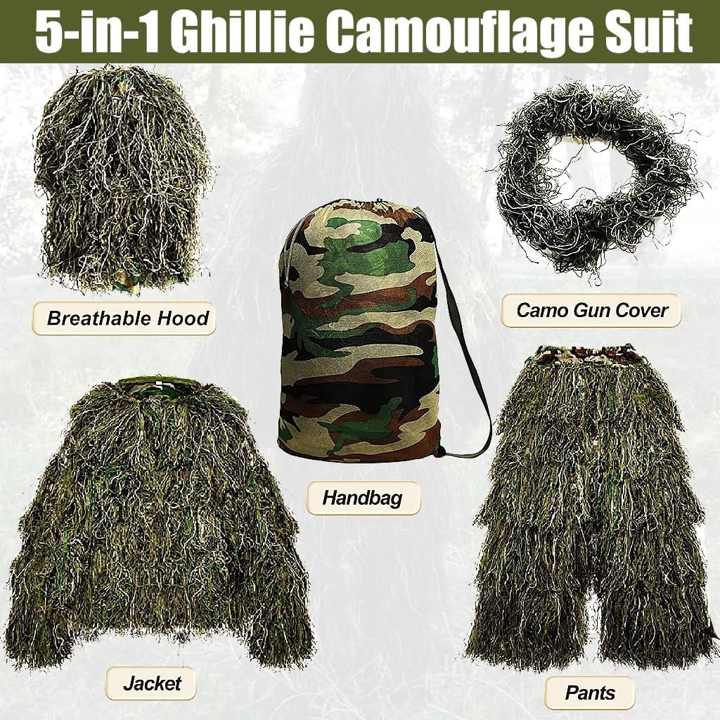 MOPHOTO 5 in 1 Ghillie Suit 3D Camouflage Hunting Suits - Jacket, Pants, Hood, Carry Bag for Adults & Youth, M/L/XL/XXL