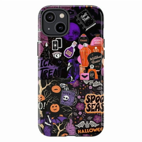 Purple Halloween Collage Phone Case – Spooky Season Witches Brew, Pumpkins, Tarot & Bats, Cute Goth Aesthetic Phone Case for iPhone 16 15 14 13 12 11 Pro Max